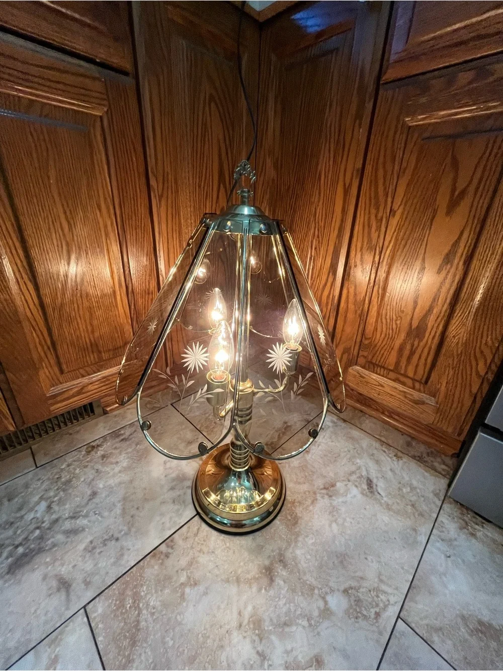 Brass Glass Etched Table Touch Lamp - Gold Finish